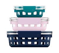 Ello DuraGlass - Recipientes de vidrio para almacenamiento de alimentos con funda de silicona y tapas herméticas, paquete de 6 piezas, 3 unidades, varios tamaños, resorte