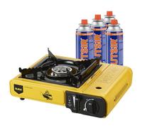 ELMA Camping Gas Portátil, Estufa Camping Gas Dual Outer Start | Incluye maletín y 4 cartuchos de gas, regulador de llama variable, 2,3 kW, amarillo