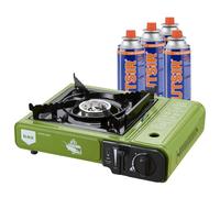 ELMA Hornillo de Gas de Camping, Portátil, Doble Combustible, Incluye Maletín y 4 Cartuchos de Gas, Regulador de Llama Variable, 2,3 Kw, Verde