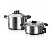 ELMA Set de 2 Ollas a Presión Prêst 4+6 L | Acero Inoxidable 18/10, Fondo Encapsulado Apto Inducción, 2 Modos de Cocción, Triple Sistema de Seguridad, Tapa de Cristal Incluida