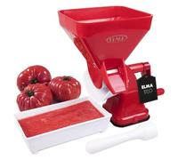 ELMA Tomatera Manual de Plástico para Uso Doméstico | Trituradora de Tomate con Filtro Inox y Ventosa Antideslizante | Color Rojo, Incluye Recipiente y Mazo Empujador