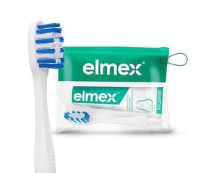 Elmex Mini pasta de dientes para viajes, mini cepillo de dientes para dientes sensibles, kit de viaje - Protección y fortalecimiento del esmalte dental - Tamaño compacto de viaje 12 ml