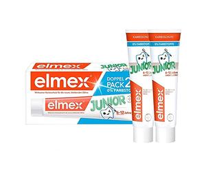 elmex Pasta de dientes Junior 6-12 años 2 x 75 ml - Limpieza dental médica con 1400 ppm de contenido de flúor para una protección eficaz contra la caries - fortalece los dientes nuevos y permanentes