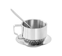 Elnwnnkc Juego de tazas de café de acero inoxidable, taza de café con aislamiento térmico de doble pared con cuchara y platillo para amantes del té, tazas de doble pared