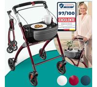ELONEO Andador para Ancianos con 4 Ruedas - Plegable, Ligero y Compacto, Andador Adulto para Interiores, Ancho 54 cm, Incluye Bandeja y Cesta de Tela, Ayuda a la Movilidad de Aluminio Rojo