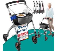 ELONEO Andador para Ancianos con 4 Ruedas - Plegable, Ligero y Compacto, Andador Adulto para Interiores, Ancho 54 cm, Incluye Bandeja y Cesta de Tela, Ayuda a la Movilidad de Aluminio Plateado