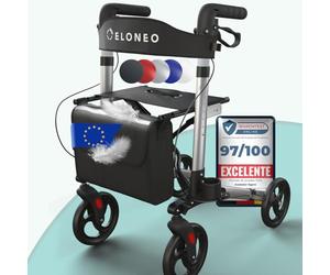 ELONEO Andador para Ancianos con Asiento - Ligero, Compacto y Plegable, Aluminio, 8 Alturas Regulables, Caminador para Mayores con Bolsa y Soporte para Paraguas, Compatible con Coches (Plateado)