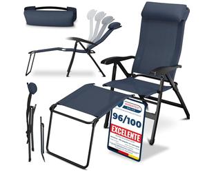 ELONEO Silla de Camping Plegable con Reposapiés Extraíble - Silla Plegable de Aluminio, Reclinable y Cómoda para Jardín y Playa con Respaldo Ajustable Azul