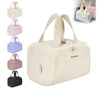 Elouva Toiletry Bag, Elouva Large Capacity Travel Cosmetic Bag, 4-In-1 Puffy Multi-Functional Toiletry Bags. Portable Waterproof Open Flat Organizer Bags, Can be Taken on Board (Off-White)