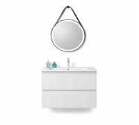 Els Banys Mueble de baño suspendido Lacado Blanco. Dos cajones extracción Total y Cierre amortiguado. Lavabo cerámica Blanco, Espejos Redondo led 60cm