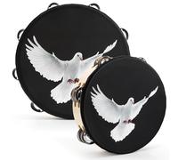 Elsjoy Juego de 2 panderetas, 10 y 8 pulgadas, pandereta de iglesia paloma con cascabel de doble fila, instrumento de percusión para iglesia, negro