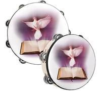 Elsjoy Juego de 2 panderetas, paloma de 25 y 20 cm, pandereta de iglesia bíblica con sonajero de doble fila, timbre de mano de madera, instrumento de percusión