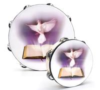 Elsjoy Juego de 2 panderetas, paloma de 25 y 20 cm, pandereta de iglesia bíblica con sonajero de doble fila, timbre de mano de madera, instrumento de percusión