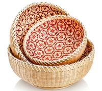 Elsjoy Juego de 3 cestas de almacenamiento tejidas de mimbre, cesta de pan de bambú, cesta redonda de ratán para servir frutas, verduras, papas, apilables, 9.6 pulgadas/8 pulgadas/7 pulgadas