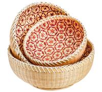 Elsjoy Juego de 3 cestas de almacenamiento tejidas de mimbre, cesta de pan de bambú, cesta redonda de ratán para servir frutas, verduras, papas, apilables, 9.6 pulgadas/8 pulgadas/7 pulgadas
