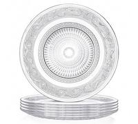 Elsjoy Paquete de 6 platos grandes de cristal de 10 pulgadas, plato redondo transparente para servir, vajilla vintage en relieve para ensalada, pasta, frutas