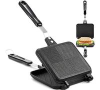 Elsjoy Sandwichera caliente antiadherente con asa, sartén de aluminio de doble cara para sándwich extraíble, sartén para sándwich tostada para el hogar, cocina, desayuno
