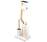 eluno Escobillero de inodoro 4 en 1, incluye escobilla de inodoro, 2 cabezales de repuesto para 3 ruedas y estante, de madera y metal (color blanco)