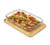 eluno Fuente de cristal con tapa de bambú, aprox. 2,2 litros, bandeja para servir, caja de almacenamiento, rectangular
