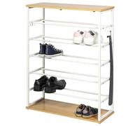 eluno Zapatero Abierto para 18 Pares de Zapatos de Metal con 2 estantes de Madera, pies Regulables en Altura, 4 Ganchos, Zapatero, Estante para Zapatos, Organizador de Zapatos (Blanco)