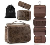 Elviros Neceser para Mujer y Hombre Hecho de Cuero PU con Gancho, Neceser de Viaje Grande Impermeable para Aseo (Chocolate)