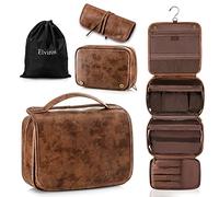 Elviros Neceser para Mujer y Hombre Hecho de Cuero PU con Gancho, Neceser de Viaje Grande Impermeable para Aseo (Marrón Oscuro)