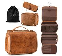 Elviros Neceser para Mujer y Hombre Hecho de Cuero PU con Gancho, Neceser de Viaje Grande Impermeable para Aseo (Marrón)
