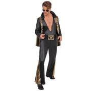 Smiffys Elvis - Disfraz de mono negro para adultos, con licencia oficial, traje todo en uno con detalle de capa dorada, disfraz para iconos de la música, fiestas de rock and roll de los años 70