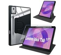 ELYCO Funda para Lenovo Idea Tab 11 Pulgadas, Cover Protectora Giratoria 360 Grados + Protector de Pantalla, Soporte Plegable/Ranura para bolígrafo, Funda de Cuero PU + Acrílico Transparente, Negro