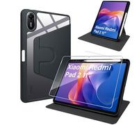 ELYCO Funda para Xiaomi Redmi Pad 2, Cover Protectora Giratoria 360 Grados + Protector de Pantalla, Soporte Plegable/Ranura para bolígrafo, Funda de Cuero PU + Acrílico Transparente, Negro