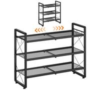 ELYKEN Zapatero extensible de 3 niveles, estante de almacenamiento de zapatos apilable con 4 ganchos, soporte de metal ajustable para zapatos, para armario, pasillo y entrada, se extiende de 18.5 a
