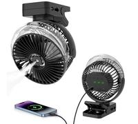 ELZO Ventilador de Camping 12000mAh, Ventilador de Mesa USB con Luz LED y Función de Pulverización, Gancho de Suspensión y Cierre Magnético, Ventilador Silencioso de Clip de 360° de Rotación