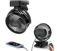 ELZO Ventilador de clip de 12000 mAh, ventilador de escritorio USB recargable con luz LED y gancho para colgar e magnético (negro)