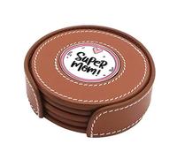 em Juego de 4 Posavasos de Cuero Auténtico con Soporte - Día de la Madre - con Medallón a Elegir Entre 8 diseños. (Super Mom, Tan (Natural))
