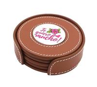 em Juego de 4 Posavasos de Cuero Auténtico con Soporte - Día de la Madre - con Medallón de Metal a Elegir Entre 8 diseños. (Te Quiero Mucho, Tan (Natural))