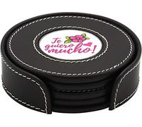 em Juego de 4 Posavasos de Cuero Auténtico con Soporte - Día de la Madre - con Medallón de Metal a Elegir Entre 8 diseños. (Te Quiero Mucho, Negro)