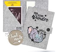 Emadele Funda protectora para pasaporte de madre, diseño de elefante, con texto en alemán "Unser Kleines Wunder", de fieltro, hecha a mano, color gris, con compartimentos para imágenes ultrasónicas,