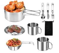 EMAGEREN 8 pcs Utensilios de Cocina para Camping, Juego de Ollas para Acampar Portátil, Vajilla para Acampada con Taza y Cuenco, Cubiertos Plegables para Camping con Cuchara Tenedor Cuchillo Bolsa