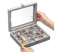 EMAGEREN Bandeja Joyas Terciopelo Gris Joyero de Terciopelo de 24 Rejillas Organizador Pendientes Bandeja con Tapa de Vidrio Bandeja de Almacenamiento para Pendientes para Anillo Pendiente Collar