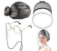 EMAGEREN Disfraces de Abuela Disfraz de Anciana Kit de 5 Piezas de Peluca Abuela +Gorro de Peluc Gafas+Cadena de Gaf Collar de Perlas Artificiales Abuela Cosplay para Fiesta de Disfraz/Espectáculo