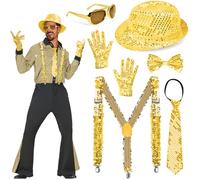 EMAGEREN Disfraz Brillante para Hombre, Disfraz Años 80 Hombre, Platas Disfraces de Discoteca con Sombrero de Lentejuelas, Tirantes, Corbata, Pajarita, Guantes y Gafas para Disco y Fiestas (B)