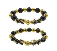 eMagTech 2 Piezas Feng Shui Pulsera de Cuentas de obsidiana Doble Pixiu Pulsera atraer Afortunado Regalo de Elasticidad Rica para Hombres y Mujeres