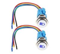 eMagTech Juego de 2 cables de interruptor de botón cromado de 16 mm, 12 V, 3 A, luz LED IP65, palanca de haz alto, color azul