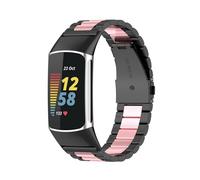 EMAIGlPO Ajuste adecuado for Fitbit Charge 5 Correa de acero inoxidable de tres cuentas, ajuste adecuado for conector de correa de acero inoxidable for Charge 3/4(Black-Rose pink)