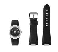 EMAIGlPO Correa de reloj de cuero genuino con eslabón final de acero apto for la serie for Tissot PRX T137.407/410 pulsera de correa Super Player azul(Plain black-silver A)
