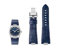 EMAIGlPO Correa de reloj de cuero genuino con eslabón final de acero apto for la serie for Tissot PRX T137.407/410 pulsera de correa Super Player azul(Slub blue-silver B)