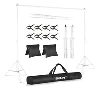EMART 2,6m x 3m Kit de Sistema de Soporte de Fondo Blanco Ajustable con 8 Pinzas y 2 Bolsas de Arena para Retrato, Fotografía de Productos y Grabación de Video-Blanco