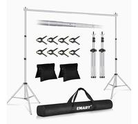 EMART 2,6m x 3m Kit de Sistema de Soporte de Fondo Plateado Ajustable con 8 Pinzas y 2 Bolsas de Arena para Retrato, Fotografía de Productos y Grabación de Video-Plateado