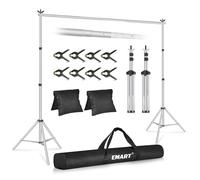 EMART 2m x 3m Kit de Sistema de Soporte de Fondo Plateado Ajustable con 8 Pinzas y 2 Bolsas de Arena para Retrato, Fotografía de Productos y Grabación de Video-Plateado