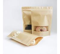 emartbuy 100 bolsas de papel kraft de pie, bolsa de sellado reutilizable con bolsas de ventana transparente para almacenamiento de té, caramelos, café, granos, 12 cm x 18 cm